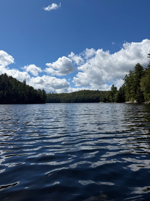 A serene landscape photograph showing a calm lake reflecting a bright blue sky, white clouds, and tree-covered shores.