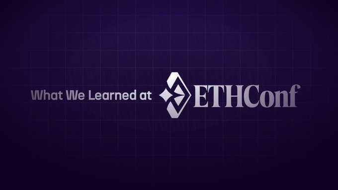 The image features the ETHConf logo alongside the text "What We Learned at ETHConf" set against a dark purple grid background, serving as a title graphic for a post-event recap article about the Ethereum conference.