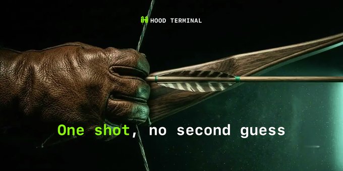 The image shows a hand gripping a bow and arrow, ready to take aim, with the text "HOOD TERMINAL" at the top and "One shot, no second guess" at the bottom.

The image serves as a powerful visual metaphor for the post's message—portraying precision, focus, and decisive action. The "One shot, no second guess" caption reinforces HOOT's positioning as a confident, targeted risk intelligence tool for the Robinhood ("HOOD") ecosystem, with the archer symbolizing their commitment to delivering accurate, single-minded solutions powered by the $HOOT token.