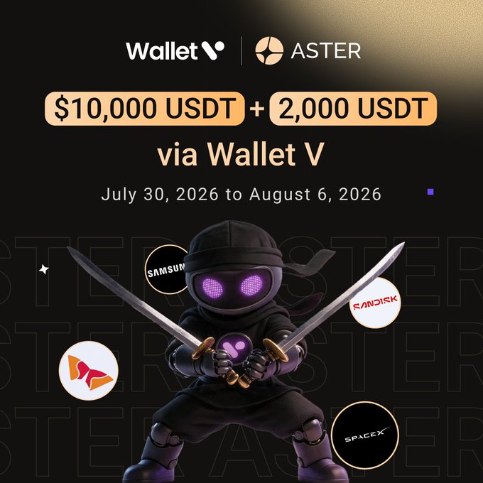 A promotional graphic for Wallet V and Aster DEX announces a $10,000 USDT + 2,000 USDT rewards campaign running from July 30, 2026 to August 6, 2026, featuring a dark ninja warrior character wielding two swords surrounded by floating logos for Samsung, Sandisk, SpaceX, and another brand, promoting the trading of $SKHYNIX and $SAMSUNG perps.