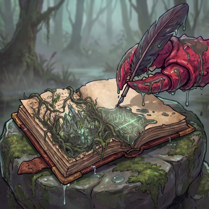 A fantasy illustration depicts a monstrous red hand with a quill pen dripping with green slime, writing magical glowing symbols into an ancient, moss-covered book resting on a stone pedestal in a misty swamp setting.