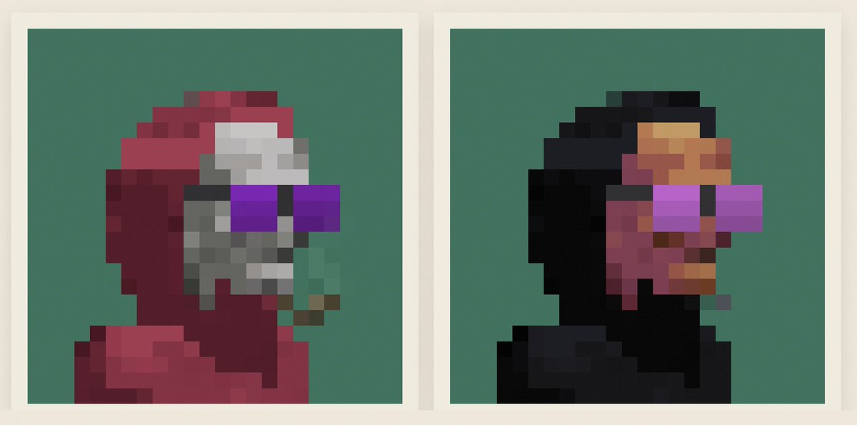 Two pixelated portrait artworks side by side on green backgrounds, depicting figures wearing sunglasses—one in red tones and one in black tones—resembling the band Daft Punk.
