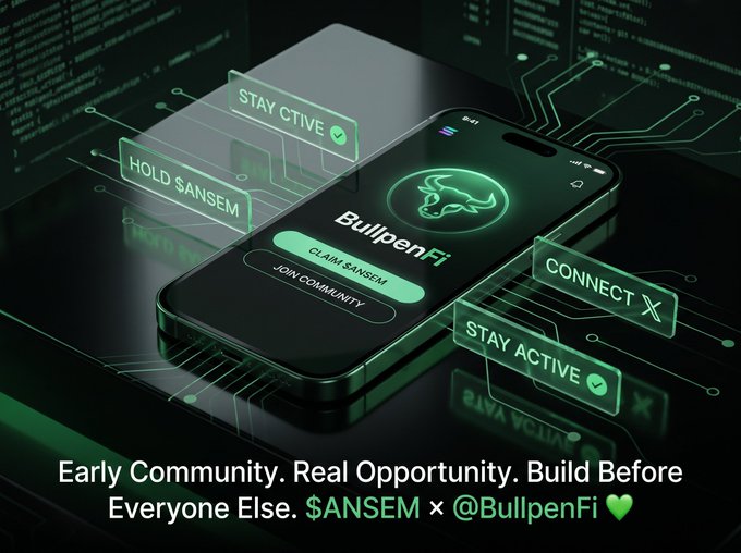 A promotional graphic for 'BullpenFi' featuring a smartphone displaying the app interface, with floating labels reading 'STAY ACTIVE,' 'HOLD $ANSEM,' 'CONNECT,' and 'JOIN COMMUNITY,' and text 'Early Community. Real Opportunity. Build Before Everyone Else. $ANSEM x @BullpenFi'.