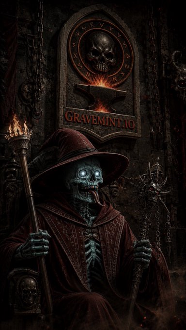 Dark fantasy artwork depicting a skeletal figure in a red hooded robe holding a staff and a spiked weapon, standing before a stone door engraved with "GRAVEMINT.IO" and a skull emblem.
