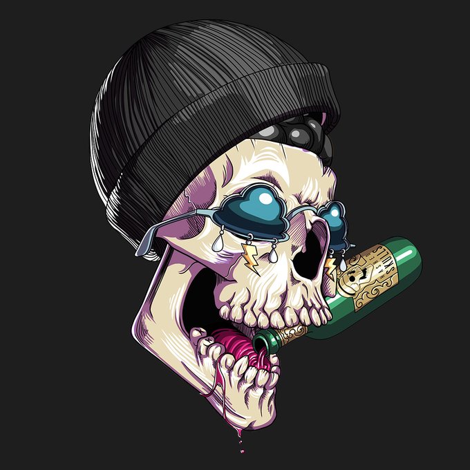 A stylized illustration of a skull wearing a black beanie and blue heart-shaped sunglasses, with teardrop earrings, and a green cigar with 'PHEX' branding in its mouth.