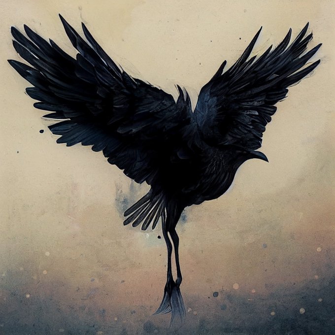 A watercolor-style illustration of a black bird with outstretched wings and trailing legs against a cream and peach background.