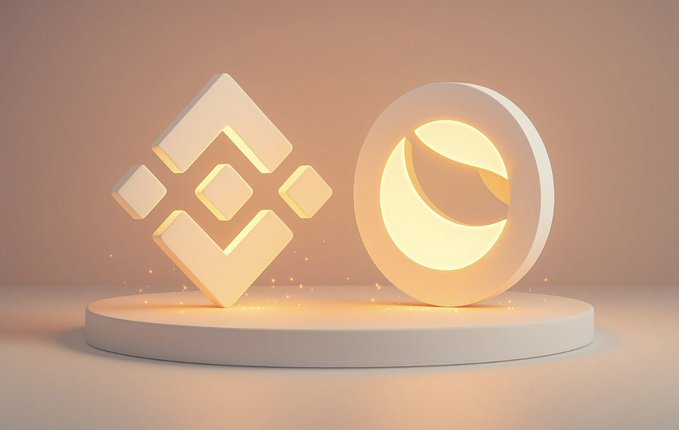 A 3D rendering showing the Binance (BNB) logo on the left and the LUNA (Terra) cryptocurrency logo on the right, both glowing on a circular pedestal.