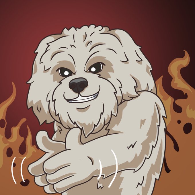 A cartoon illustration of a fluffy white dog with a smirk, extending its paw against a backdrop of orange flames and dark red.