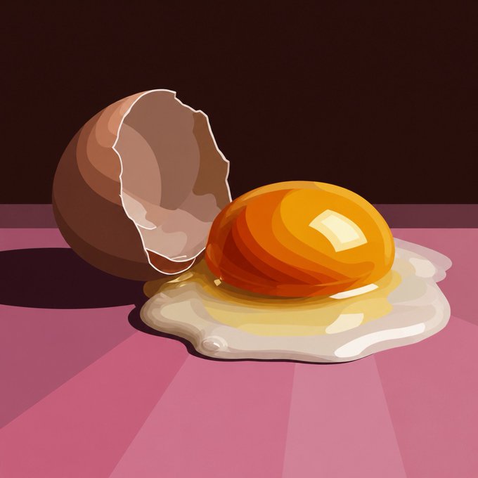A stylized digital illustration of a cracked brown eggshell with a bright orange yolk spilling out onto a puddle, set against a pink and dark background.