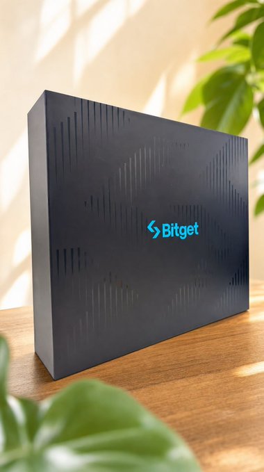 A black Bitget-branded box sits on a wooden table next to a green plant, illuminated by sunlight.