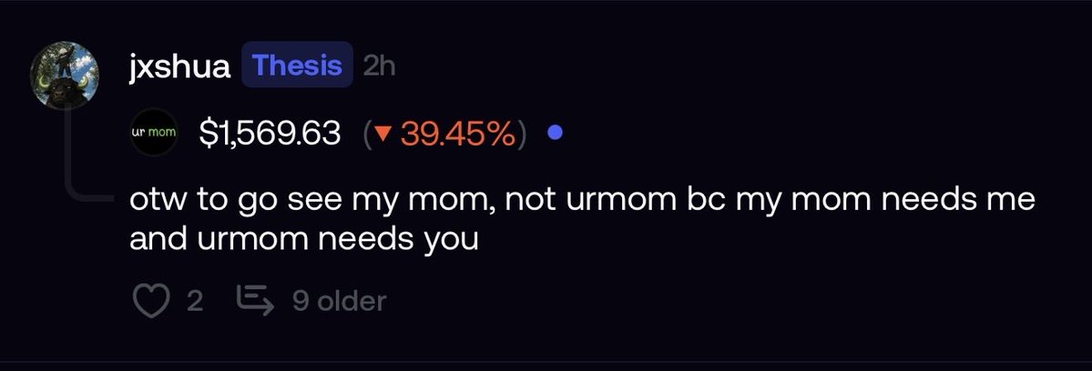 A social media post by user 'jxshua' on Thesis showing a $1,569.63 position with -39.45% loss, with the caption 'otw to go see my mom, not urmom bc my mom needs me and urmom needs you'.