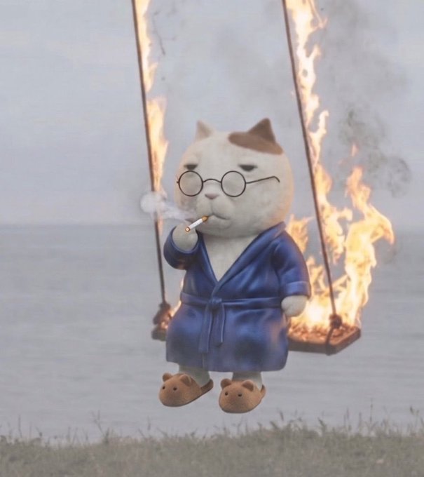 A grumpy cartoon cat wearing glasses and a blue robe sits on a flaming swing while smoking a cigarette, embodying a moody "GM" (good morning) vibe that matches the chill, unbothered energy of wanting to make money despite the chaos.