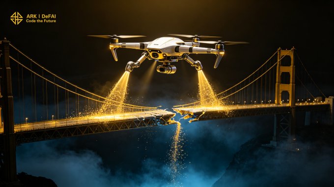 A futuristic drone emits golden beams over a misty suspension bridge at night, with "ARK | DeFAI Code the Future" displayed in the top-left corner, symbolizing the Arkie AI App's role in bridging visionary ideas with real-world execution as the gap between imagination and implementation continues to close.