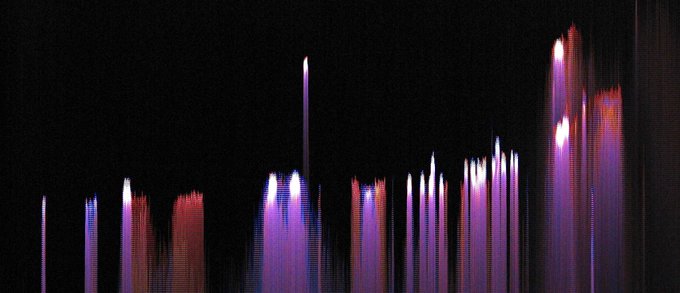 Abstract image featuring vertical light streaks in pink, purple, and blue against a black background.