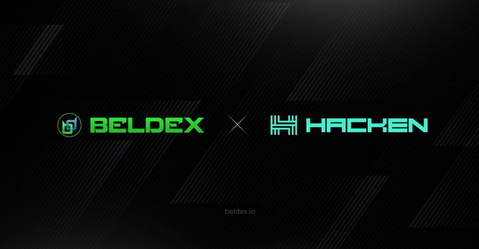 A black promotional banner showing logos for BELDEX and HACKEN with an 'x' between them, indicating a partnership, with beldex.io at the bottom.