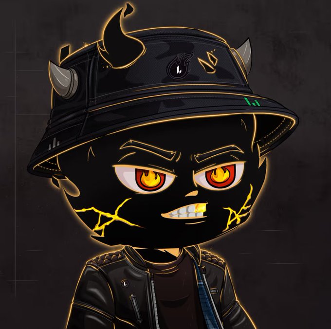 Digital illustration of a chibi-style demonic character with glowing yellow cracks on its black skin, wearing a bucket hat with horns and a leather jacket.