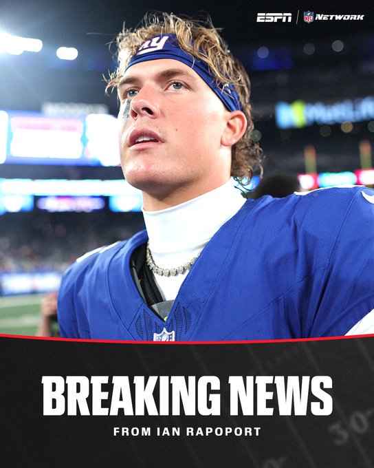 ESPN breaking news graphic featuring a New York Giants football player in a blue jersey and NY headband, with text 'BREAKING NEWS FROM IAN RAPOPORT' at the bottom.