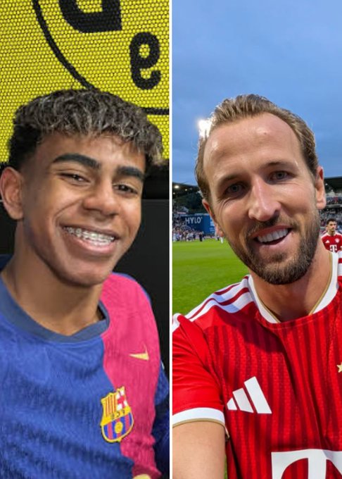 A split image shows FC Barcelona's Lamine Yamal smiling in a blue and pink jersey on the left, alongside Bayern Munich striker Harry Kane in a red jersey on the right. The photo accompanies news that Yamal has overtaken Kane as the Ballon d'Or favorite on Polymarket, with the teenager's odds soaring in recent days.