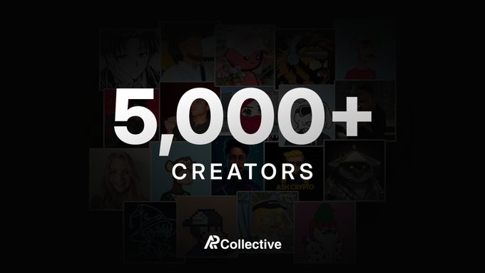 A promotional graphic for "AP Collective" boldly displays "5,000+ CREATORS" in large white text against a dark background featuring a collage of creator portraits, visually reinforcing the post's claim about the platform operating one of the largest creator networks in crypto.