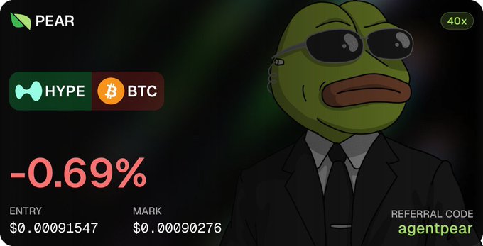 A trading interface for PEAR showing a HYPE/BTC pair at -0.69%, with an entry of $0.00091547, mark of $0.00090276, 40x leverage, and referral code 'agentpear', featuring a cartoon character in sunglasses.