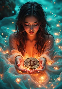 A woman in a white robe holds a glowing Bitcoin in her hands, surrounded by a mystical, ethereal atmosphere with sparkling lights.