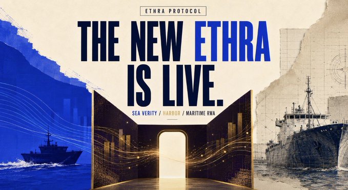 Promotional banner for 'ETHRA PROTOCOL' announcing 'THE NEW ETHRA IS LIVE' with subtitle 'SEA VERITY / HARBOR / MARITIME RWA', featuring images of ships and nautical charts.