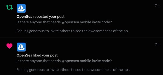 Notifications showing OpenSea reposted and liked a user's post offering OpenSea mobile invite codes.