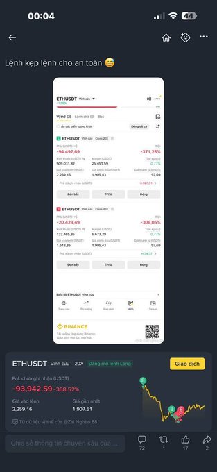 A mobile screenshot of a cryptocurrency trading app displays the ETHUSDT (Ethereum) perpetual contract with a significant loss of -94,497.69 USDT (-371.28%) alongside Vietnamese text 'Lệnh kẹp lệnh cho an toàn' (Margin call for safety).