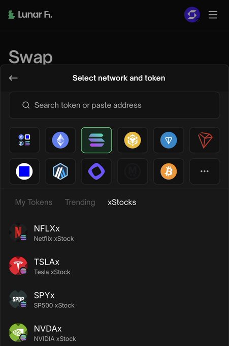 The image shows a "Swap" interface on the Lunar.Fi app with a "Select network and token" screen displaying xStock tokens including NFLXx (Netflix), TSLAx (Tesla), SPYx (S&P 500), and NVDAx (NVIDIA). This supports the post by visually demonstrating how users can easily select and buy tokenized stocks directly onchain through the platform.