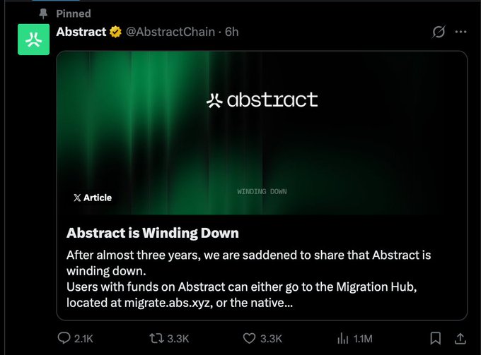 A pinned X (Twitter) post from @AbstractChain announcing 'Abstract is Winding Down' after almost three years, directing users to the Migration Hub.