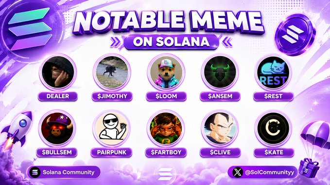 The image is a purple-themed graphic titled "NOTABLE MEME ON SOLANA," displaying a grid of 10 memecoin tickers ($DEALER, $JIMOTHY, $LOOM, $ANSEM, $REST, $BULLSEM, $PAIRPUNK, $FARTBOY, $CLIVE, $KATE) with associated character logos, credited to "Solana Community" (@SolCommunity). It visually complements the post's Solana memecoin watchlist by showcasing the top contenders (including $Dealer, $JIMOTHY, $LOOM, $ANSEM, $REST, and $BULLSEM) and inviting viewers to weigh in on which has the strongest narrative.
