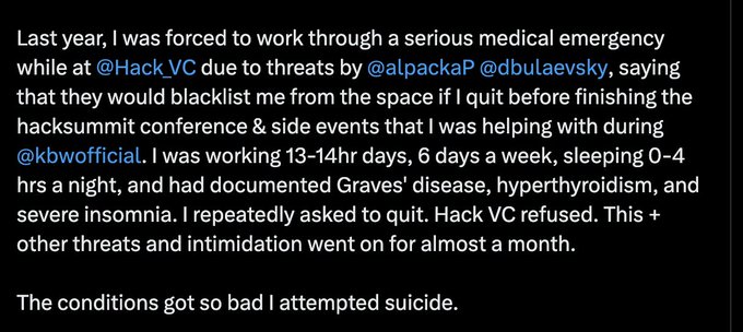 A screenshot of a Tweet alleges that Hack VC (@Hack_VC) and individuals @alpackaP and @bdulaevsky threatened to blacklist the author (@hsinju) for quitting during a summit, despite her working 13-14 hour days with documented Graves' disease, hyperthyroidism, and severe insomnia, ultimately leading her to attempt suicide.