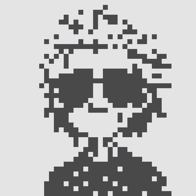 A pixelated black and white portrait of a smiling person with curly hair, created in an 8-bit retro video game style.
