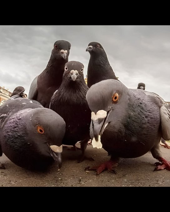 A group of pigeons gathered closely together, peering directly at the camera from various angles under an overcast sky. The birds display distinctive orange eyes and dark plumage, with some appearing to have white markings on their beaks.