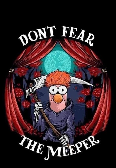 The image shows a cartoonish Muppet-like grim reaper character with orange hair and a skull face, holding a scythe against a red-curtained stage with a full moon background. Bold text reads "DONT FEAR THE MEEPER," playfully subverting the famous "Don't Fear the Reaper" phrase. The image's meme-style horror aesthetic aligns with the post's "$MfT SOBs" reference, using the reaper motif to evoke a dark, humorous crypto token theme.