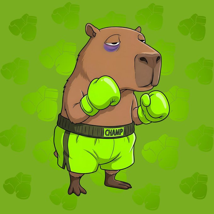 A cartoon capybara wearing green boxing gloves and shorts labeled "CHAMP" stands in a fighting stance against a green background patterned with boxing gloves. The mascot embodies the post's message of standing up for the coin and NFT collection, with its boxing gear symbolizing its readiness to defend the project.