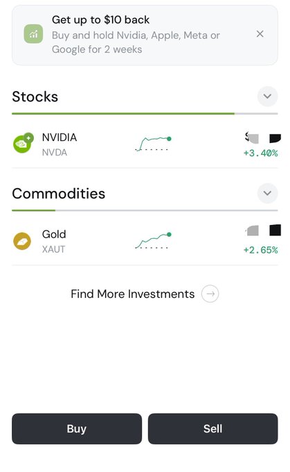 A mobile trading app interface showing a 'Get up to $10 back' promo, with NVDA (NVIDIA) stock up 3.40% and Gold (XAU) commodities up 2.65%, plus Buy and Sell buttons.