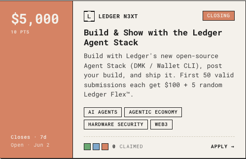 The image shows an advertisement for a new Agent Stack called "Build & Show with the Ledger" that costs $100 per submission, with a 5% random winner prize of a Ledger device. The advertisement includes a link to college.xyz where you can find more details about this bounty opportunity.
