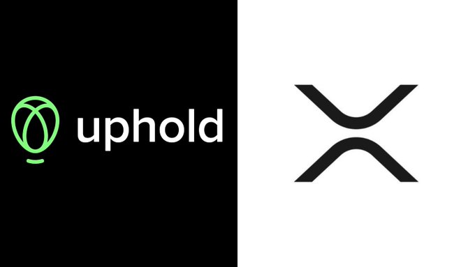 The image displays the Uphold logo beside a black symbol resembling crossed curves. It accompanies the announcement that Uphold has officially listed a $473 million Nasdaq-traded XRP treasury stock.