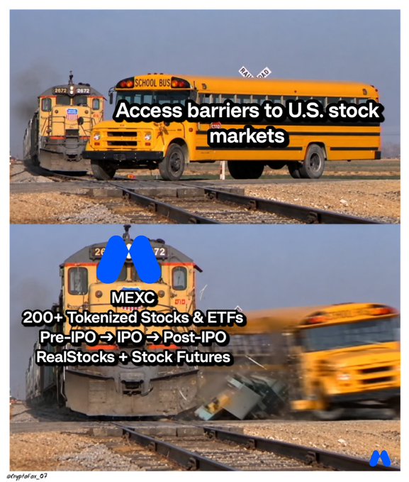 A meme using a train and school bus collision image to illustrate 'Access barriers to U.S. stock markets,' with the train labeled 'MEXC' and '200+ Tokenized Stocks & ETFs.'