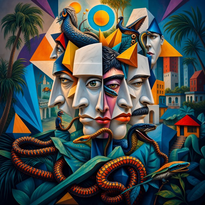 A surreal cubist painting featuring fragmented faces, serpents, tropical foliage, palm trees, and geometric pyramids in vibrant colors.