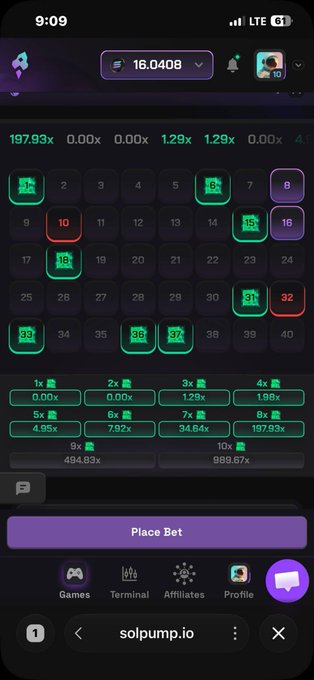 A mobile screen recording from solpump.io showing a betting/gambling interface with a calendar of highlighted dates, multiplier stats (10x, 34.84x, 197.93x), and a "Place Bet" button.
