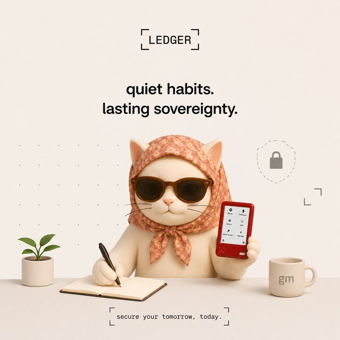 The image features a cartoon cat sitting at a desk with a book open in front of it. The cat has sunglasses on its head and appears to be writing something down using a pen or pencil, which suggests that it might be working on a task or project related to finance or personal organization. The post encourages the reader to focus on small habits and routines that can help protect their privacy and security over time, such as regularly checking their setup for potential vulnerabilities and understanding what they actually control in terms of their online activities.