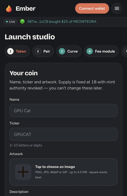 The image shows the Ember Launch Studio interface, specifically the "Your coin" token creation step, where the default name field is pre-filled with "GPU Cat" and the ticker reads "GPUCAT"—matching the user's description of launching a coin with these default settings paired to nvda, as indicated by the contract address (7XmaUUj2PQw2sQvPKkomKUQXFNtqzMo2DURHhrk7rnN2) shared in the accompanying post about their speculative "GPU Cat" token gamble.