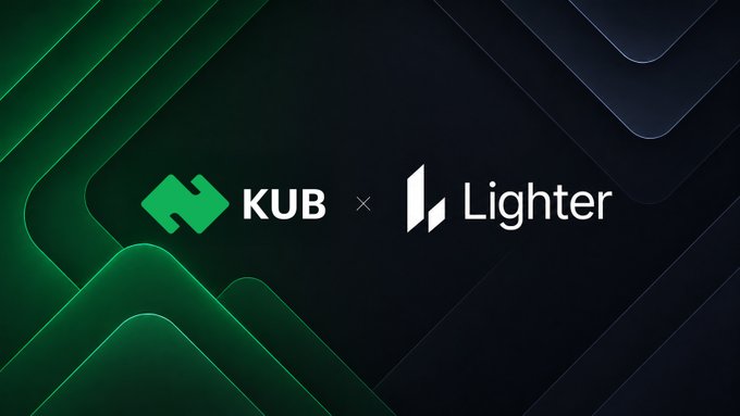 A dark promotional graphic with green and black geometric accents displays logos for "KUB" and "Lighter" separated by an "x", indicating a partnership between the two brands.