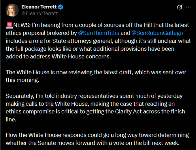 A tweet from Eleanor Terrett (@EleanorTerrett) reports that the latest ethics proposal brokered by Senators Thom Tillis and Ruben Gallego includes a role for state attorneys general, with the White House now reviewing the draft after industry representatives lobbied for a compromise to pass the CLARITY Act.