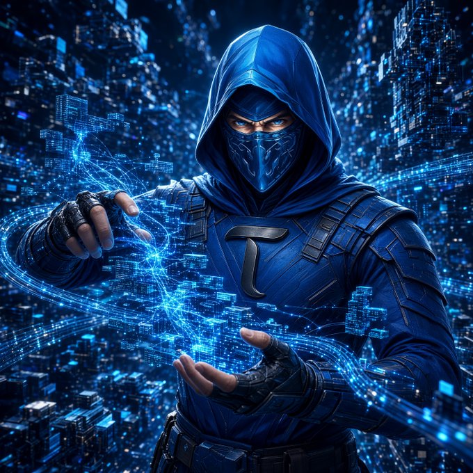 A futuristic digital artwork of a hooded ninja-like figure in blue tactical gear with a face mask, manipulating glowing blue holographic data and city structures with his hands.
