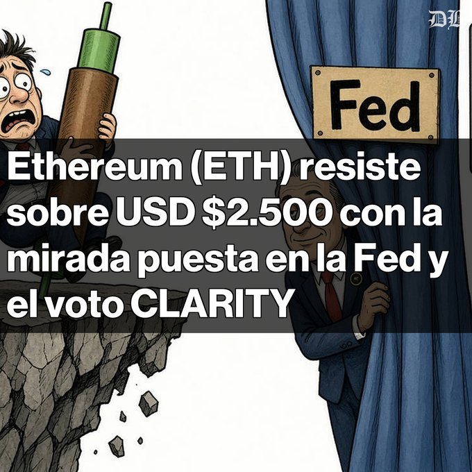 A cartoon illustration showing a terrified man clinging to a cliff while another figure in a suit peeks from behind a curtain labeled "Fed," overlaid with the Spanish headline "Ethereum (ETH) resiste sobre USD $2.500 con la mirada puesta en la Fed y el voto CLARITY." The image visually represents the post's theme of Ethereum struggling to hold above the $2,500 level amid uncertainty surrounding the Federal Reserve's decisions and the CLARITY Act vote.