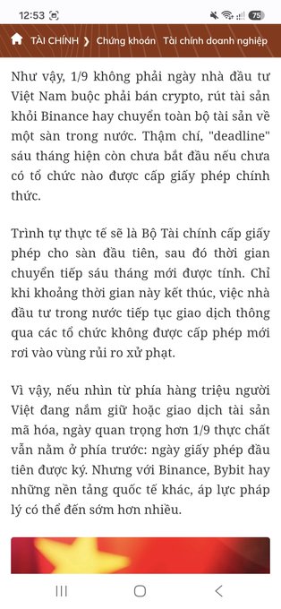 A Vietnamese-language financial article about the September 1st deadline for Vietnamese investors to withdraw assets from unlicensed crypto platforms like Binance.