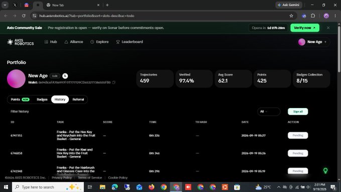 Screenshot of an "AXIS ROBOTICS" portfolio page showing the "New Age" wallet with 459 Trajectories, a 97.4% Verified rate, an Avg Score of 62.1, 425 Points (ranking 8/15), and a history of "Pending" Franka tasks, illustrating the user's progress toward their milestone goal.